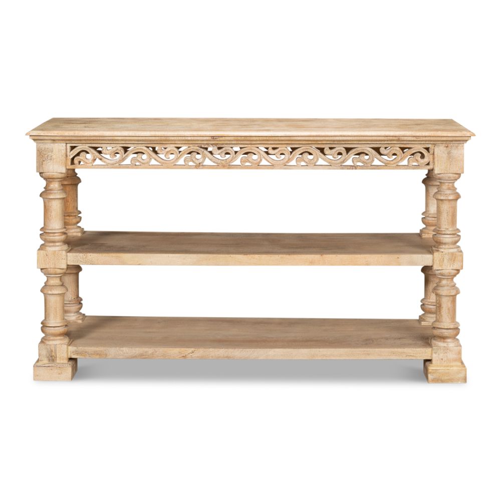 Fowler Carved Console With Shelf Solid Wood-Console Tables-Sarreid-LOOMLAN