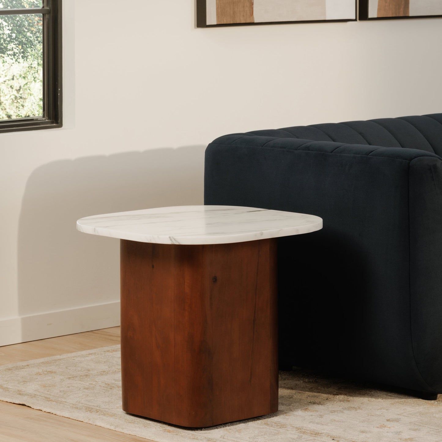 Dash White Marble and Wood Square Accent Table