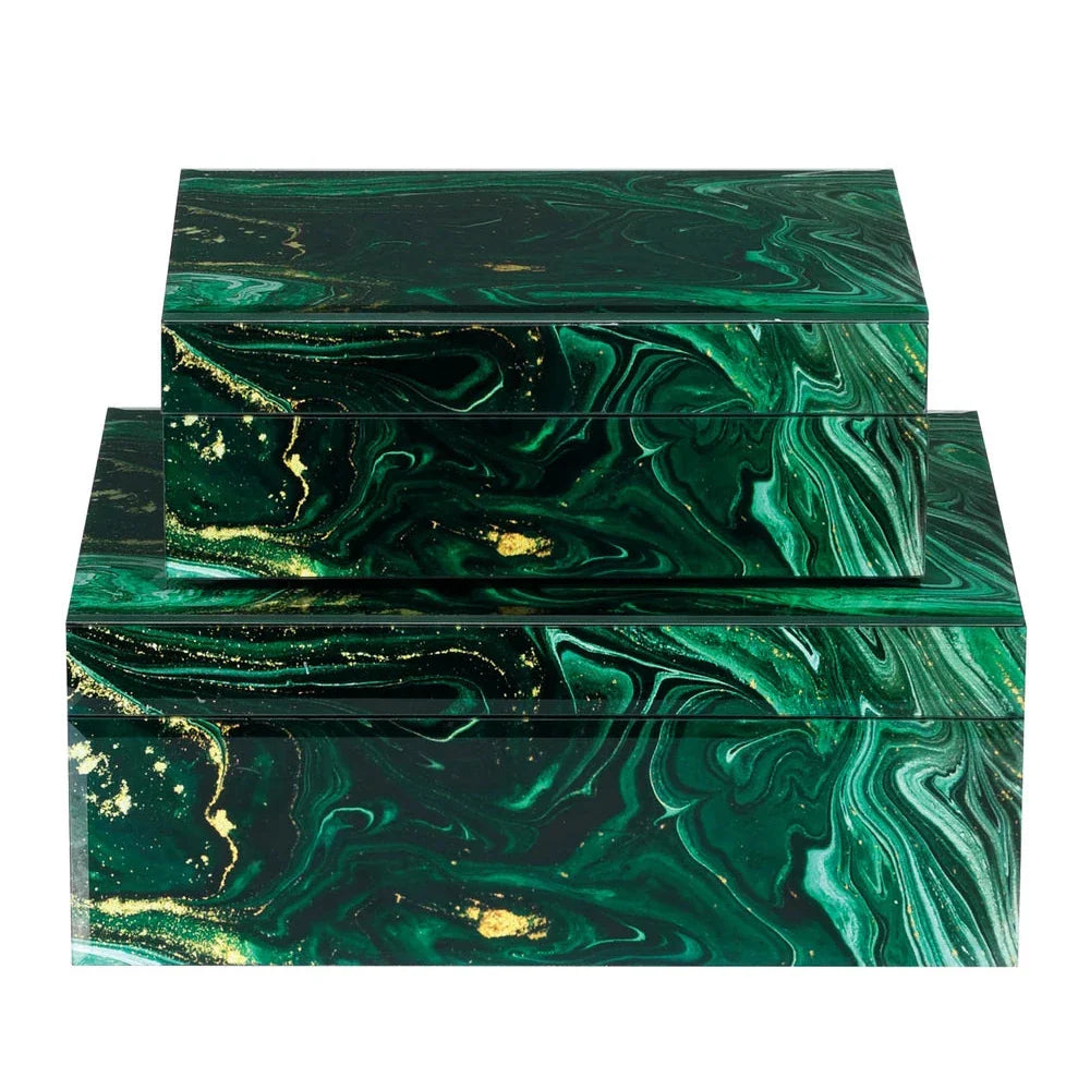 Glass Interstellar Green Marbled Design Box Set (Set Of 2)