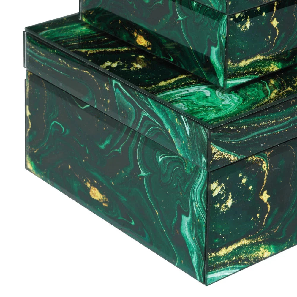 Glass Interstellar Green Marbled Design Box Set (Set Of 2)