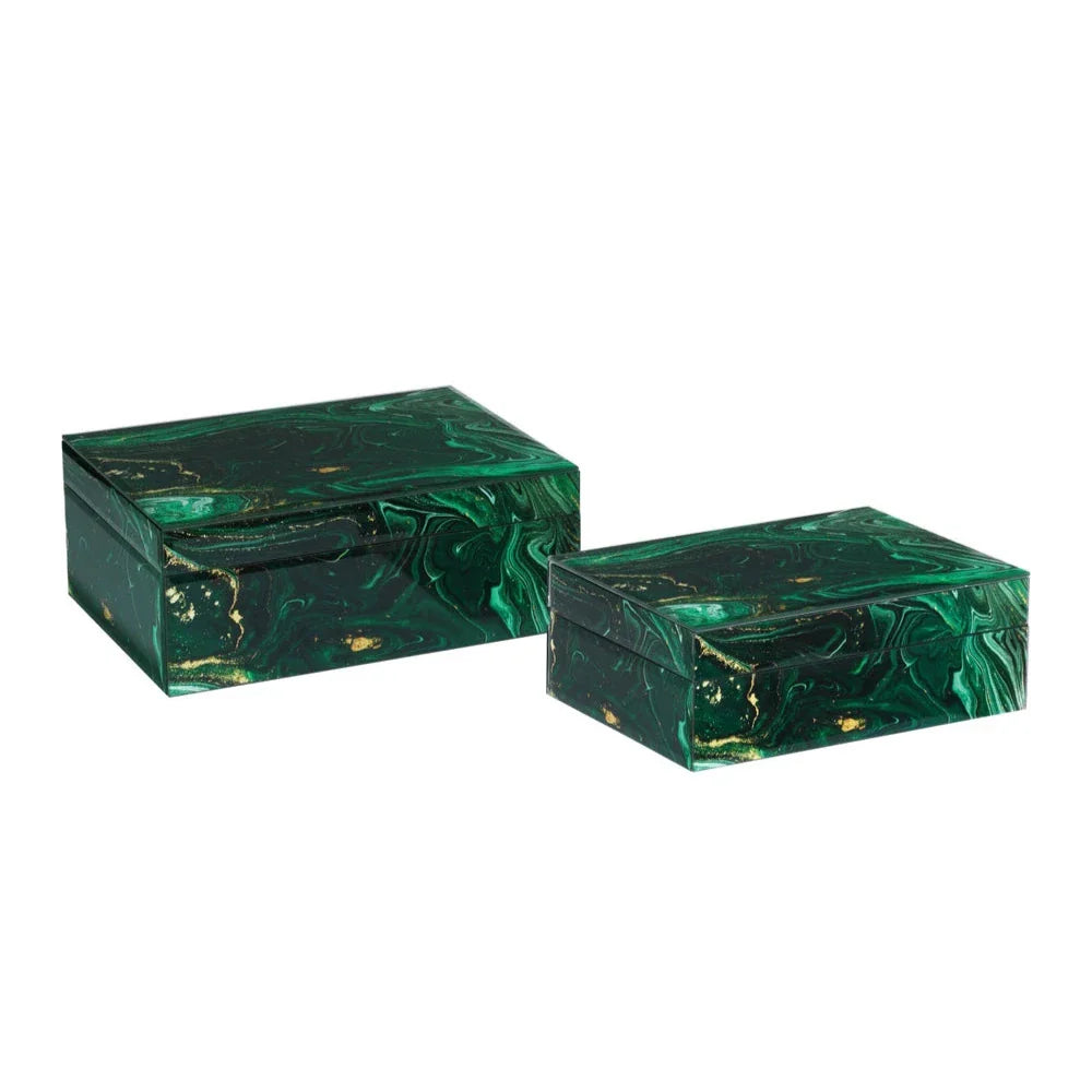 Glass Interstellar Green Marbled Design Box Set (Set Of 2)