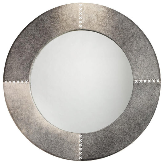 Grey Cowhide Leather Round Cross Stitch Wall Mirror Wall Mirrors Sideboards and Things By Jamie Young