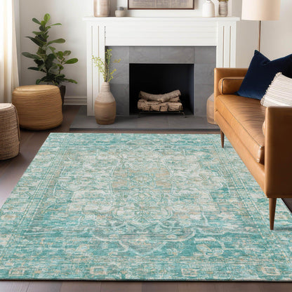 Haelas Teal Washable Indoor-Outdoor Rug
