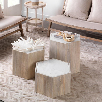 Hexagon Cream Marble Top Solid Wood End Table Argan - Large Side Tables Sideboards and Things By Jamie Young