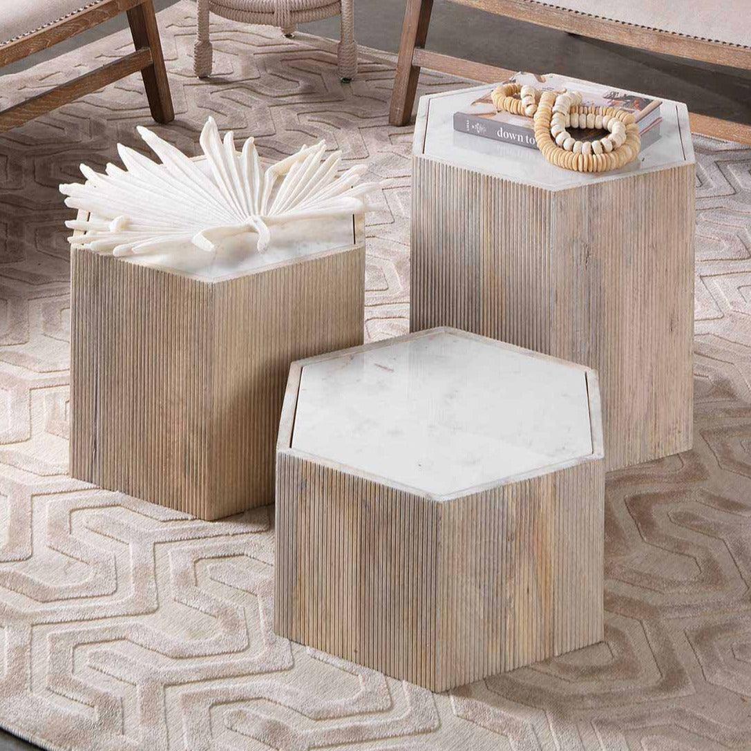 Hexagon Cream Marble Top Solid Wood End Table Argan - Large Side Tables Sideboards and Things By Jamie Young