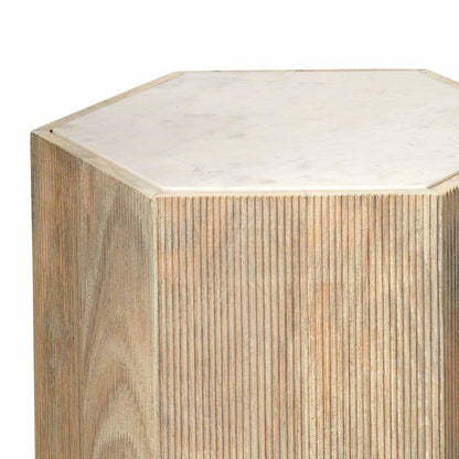 Hexagon Cream Marble Top Solid Wood End Table Argan - Large Side Tables Sideboards and Things By Jamie Young