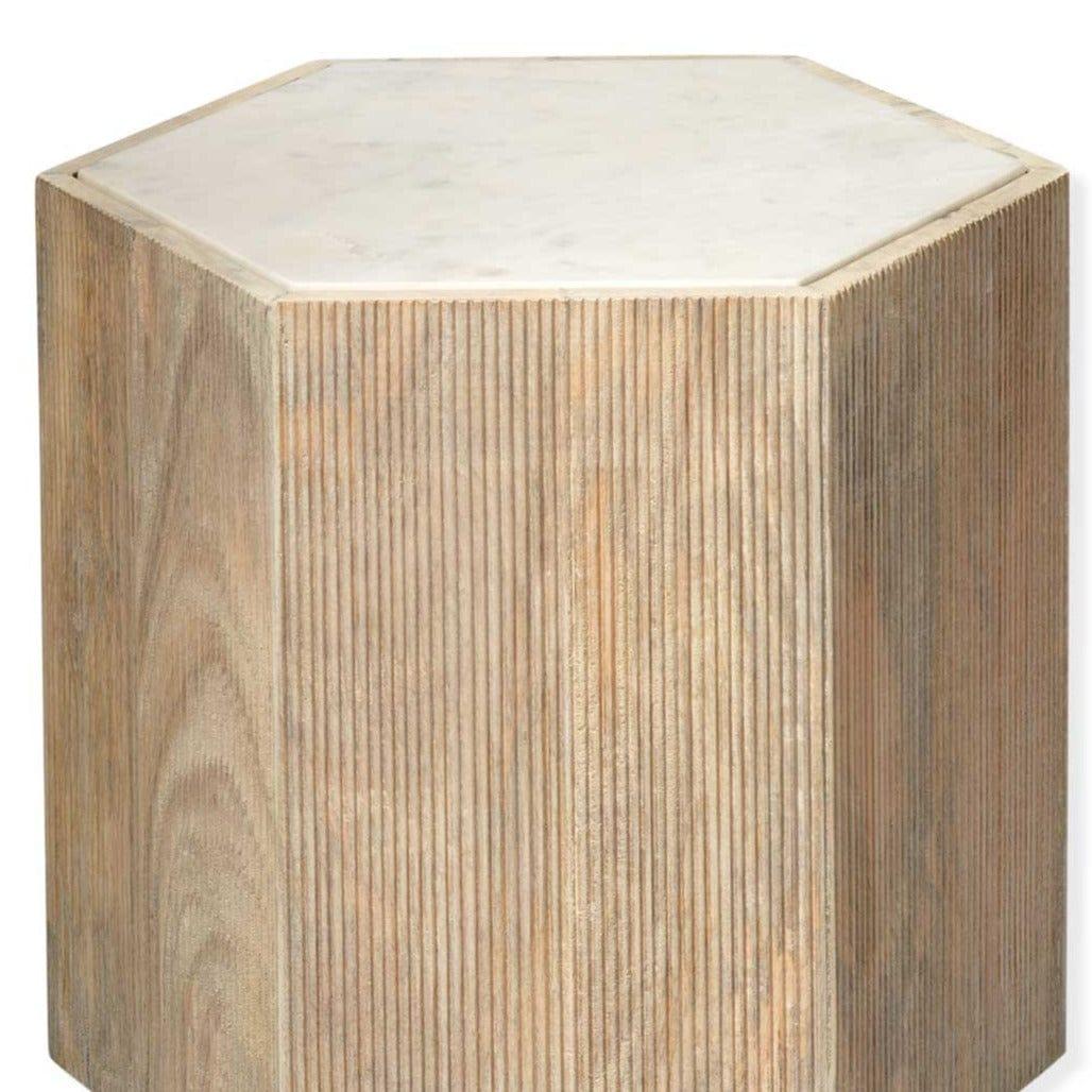 Hexagon Cream Marble Top Solid Wood End Table Argan - Large Side Tables Sideboards and Things By Jamie Young