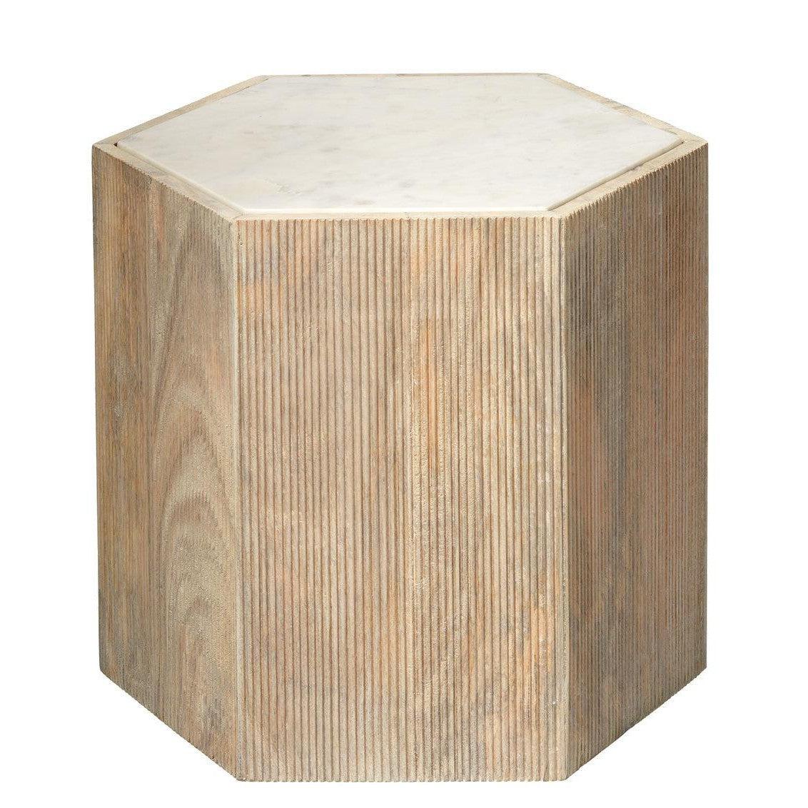 Hexagon Cream Marble Top Solid Wood End Table Argan - Large Side Tables Sideboards and Things By Jamie Young