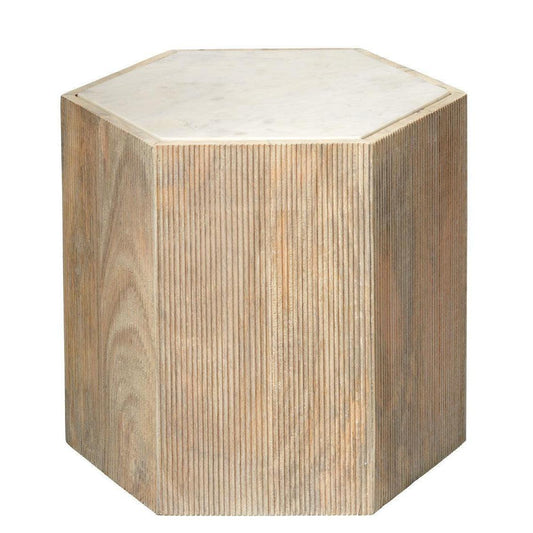 Hexagon Cream Marble Top Solid Wood End Table Argan - Large Side Tables Sideboards and Things By Jamie Young