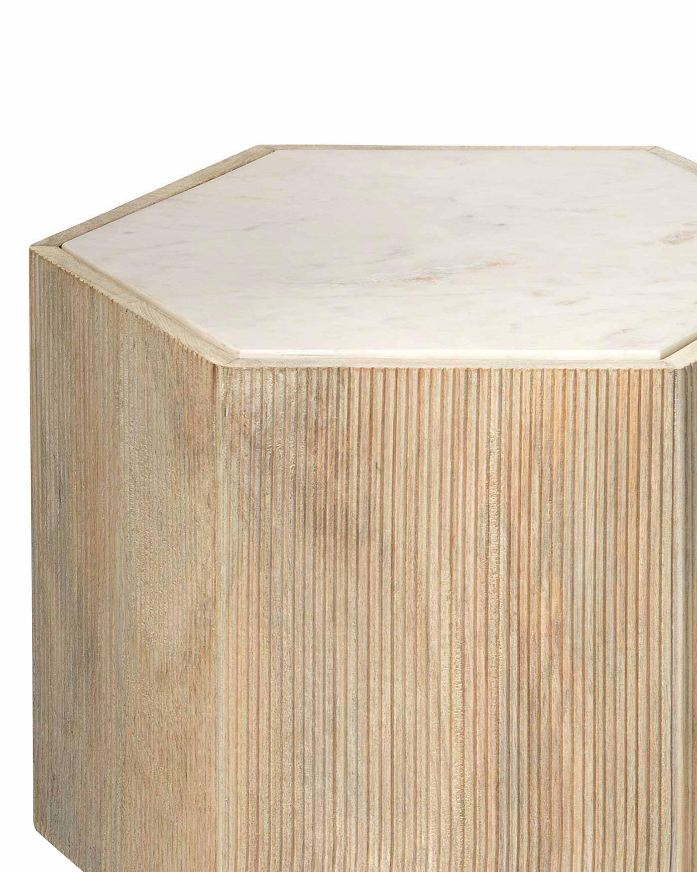 Hexagon Cream Marble Top Solid Wood End Table Argan - Medium Side Tables Sideboards and Things By Jamie Young