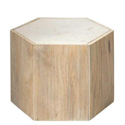 Hexagon Cream Marble Top Solid Wood End Table Argan - Medium Side Tables Sideboards and Things By Jamie Young