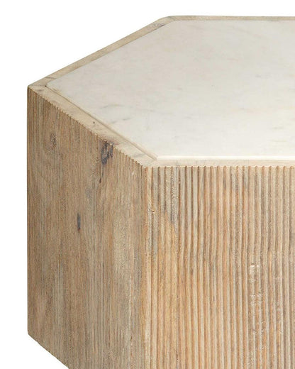 Hexagon Cream Marble Top Solid Wood End Table Argan - Small Side Tables Sideboards and Things By Jamie Young