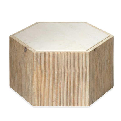 Hexagon Cream Marble Top Solid Wood End Table Argan - Small Side Tables Sideboards and Things By Jamie Young