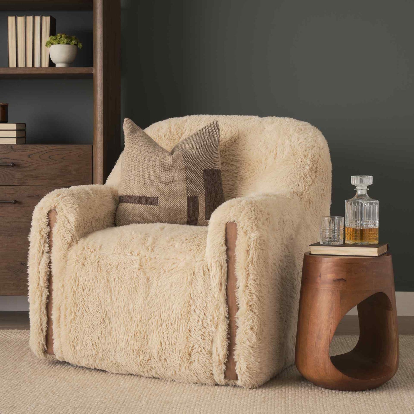 Huntley Cream Faux Fur Fabric Swivel Club Chair