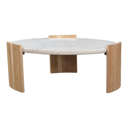 Dala White Marble and Wood Round Coffee Table