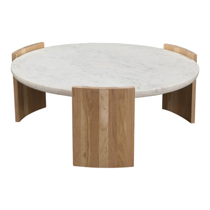 Dala White Marble and Wood Round Coffee Table