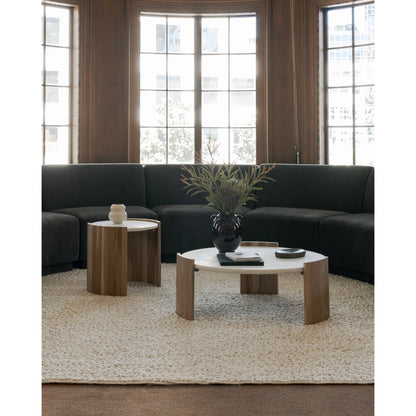 Dala White Marble and Wood Round Coffee Table