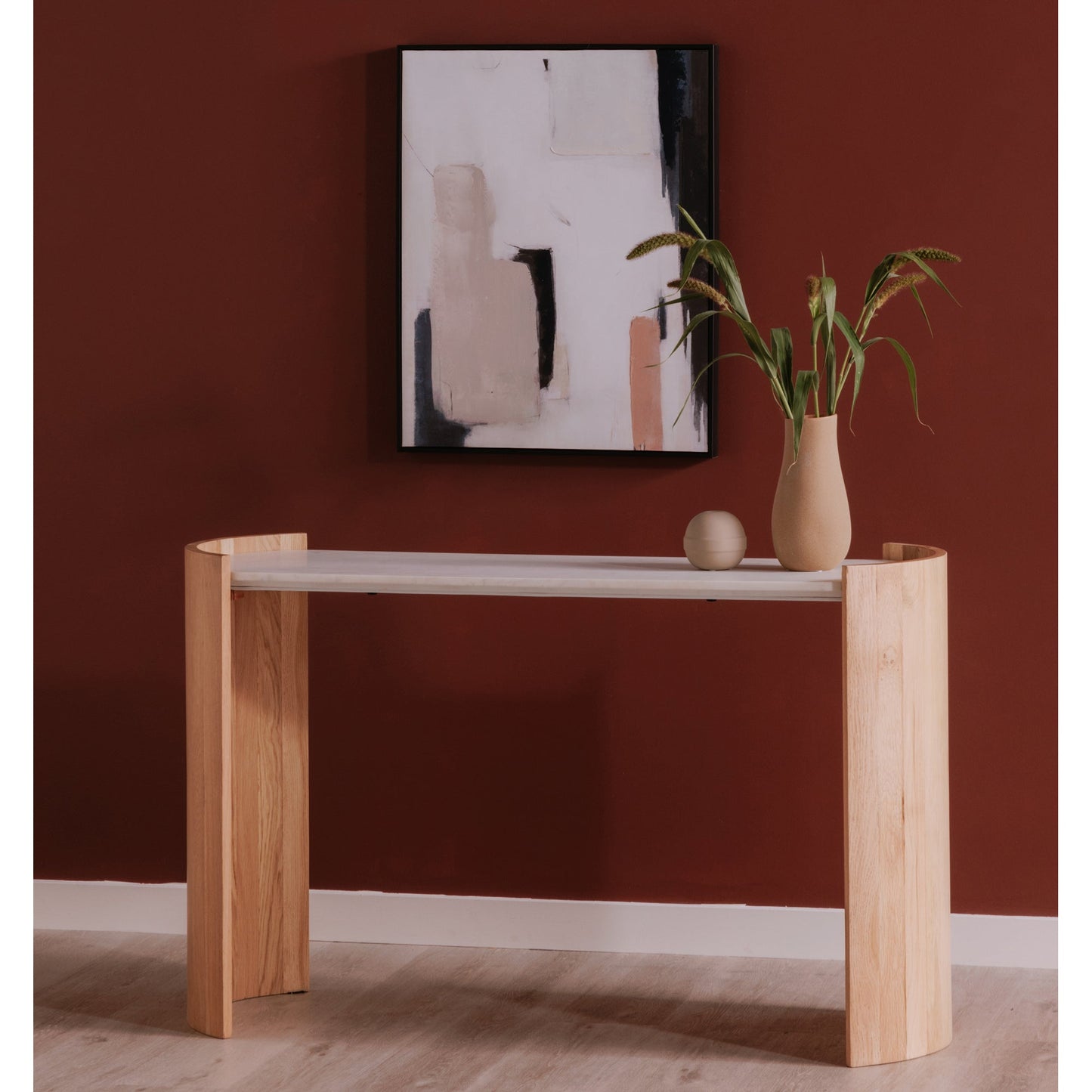 Dala White Marble and Wood Oval Console Table