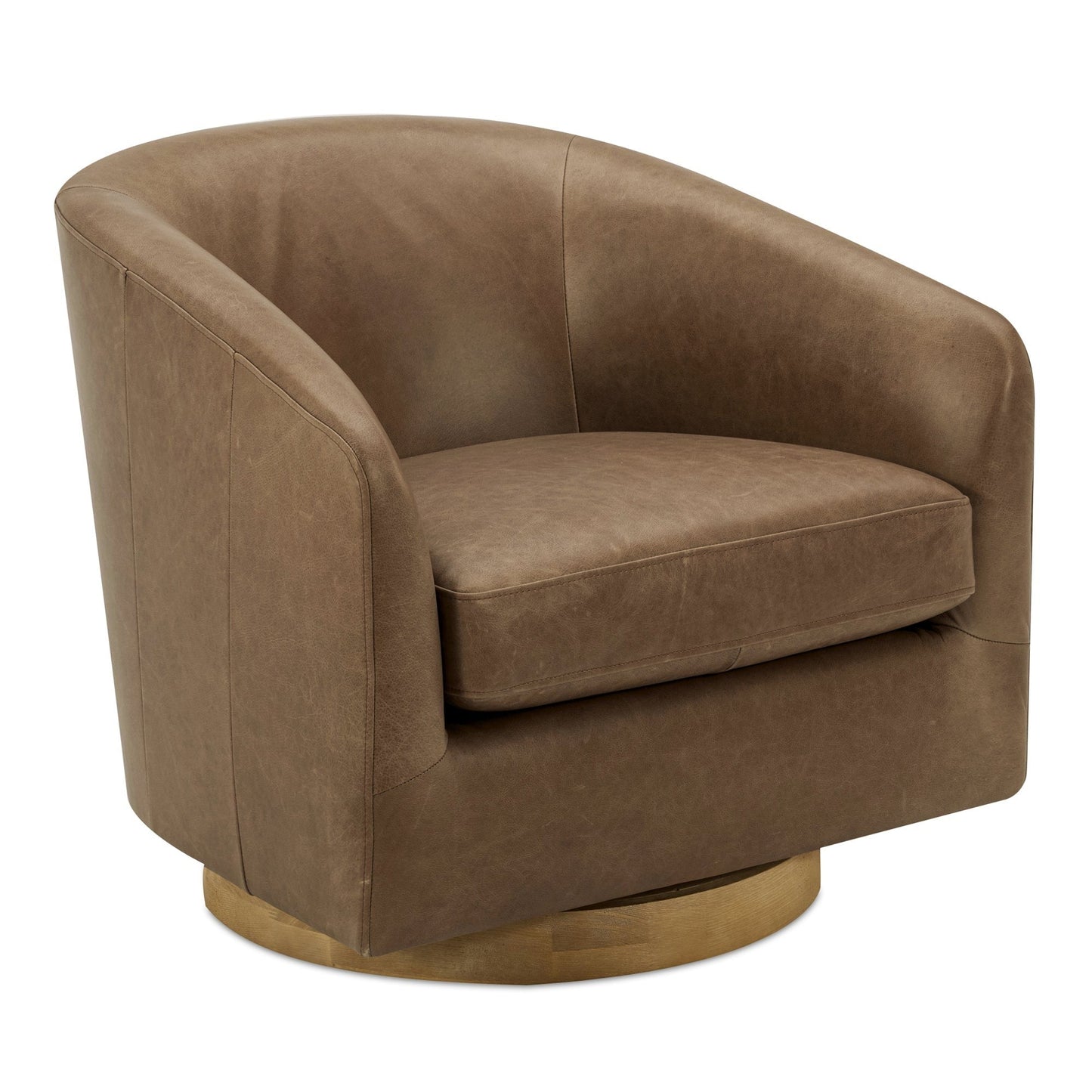 Oscy Top Grain Leather and Solid Wood Brown Swivel Arm Chair