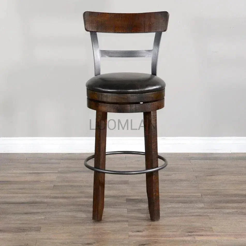 Ladder Back Swivel Barstool Black Leather Seat 30"H - LOOMLAN - Sunny D - Bar Stools