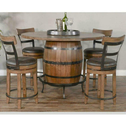 Light Brown Round 54" Barrel Pub Table With Barstools 5 PC Set Dining Table Sets Sideboards and Things By Sunny D