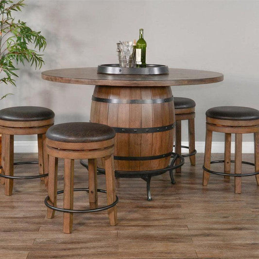 Light Brown Round 54" Barrel Pub Table With Stools 5 PC Set Dining Table Sets Sideboards and Things By Sunny D