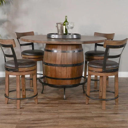 Sunny D Light Brown Round Barrel Pub Table Barstools 5 PC Set