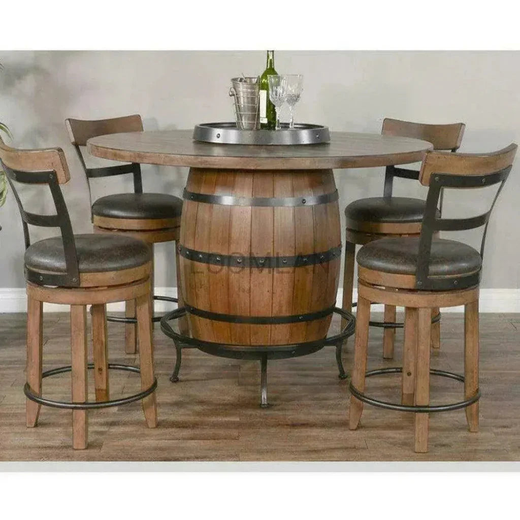 Sunny D Light Brown Round Barrel Pub Table Barstools 5 PC Set