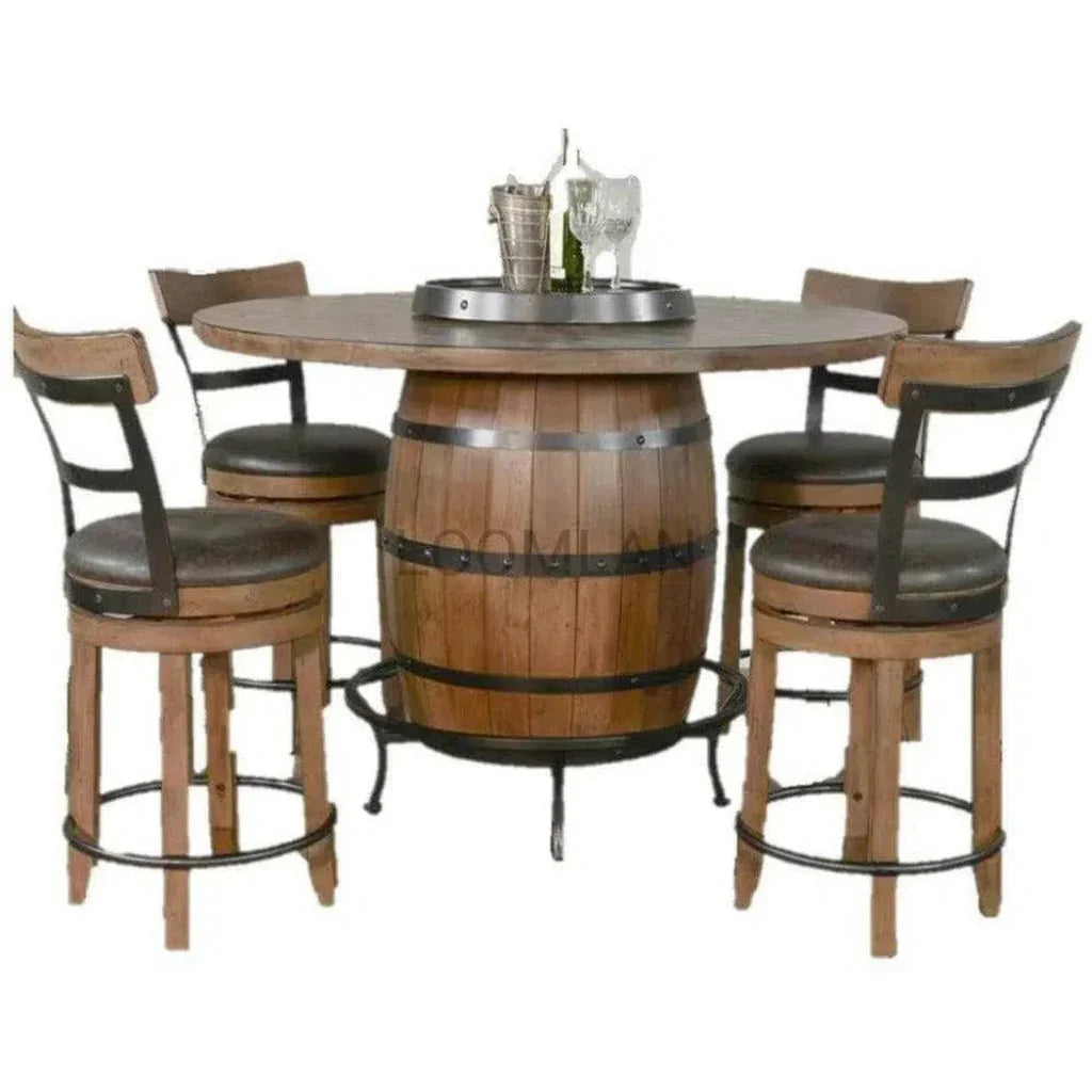Sunny D Light Brown Round Barrel Pub Table Barstools 5 PC Set
