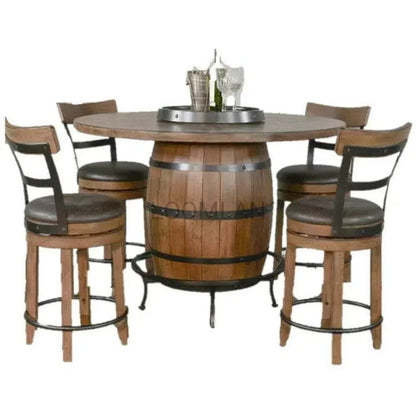 Sunny D Light Brown Round Barrel Pub Table Barstools 5 PC Set