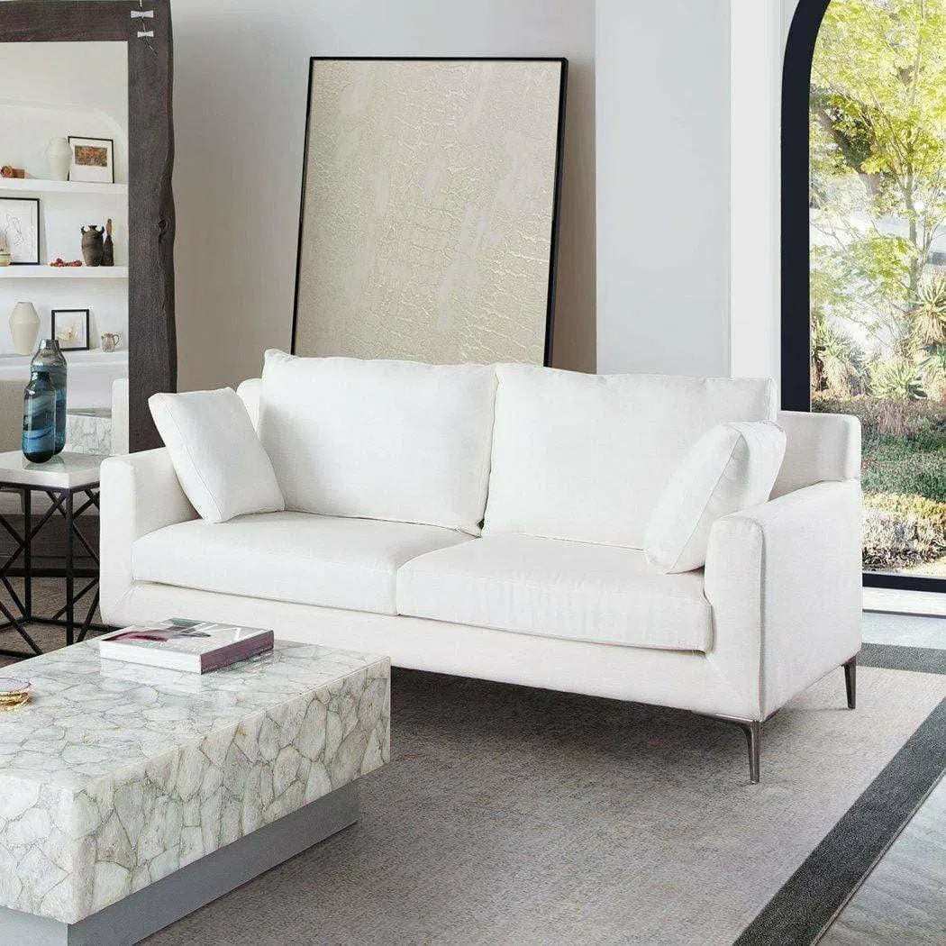 Loose Back Loveseat in White Linen Silver Metal Leg Sofas & Loveseats Sideboards and Things  By Diamond Sofa