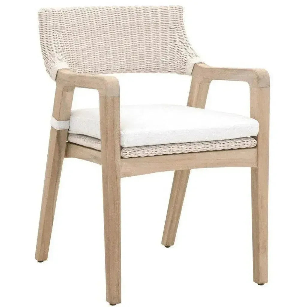 Lucia Outdoor Arm Chair White Wicker and Teak-Outdoor Dining Chairs-Essentials For Living-LOOMLAN