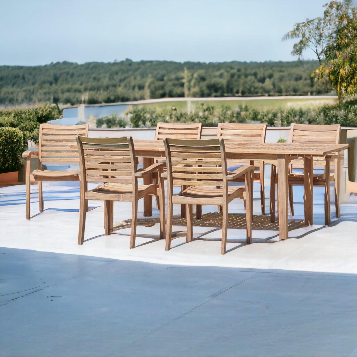 Manorhouse 7-PC Teak Outdoor Dining Set with Extendable Table and Stacking Armchairs-Outdoor Dining Sets-HiTeak-Sideboards and Things