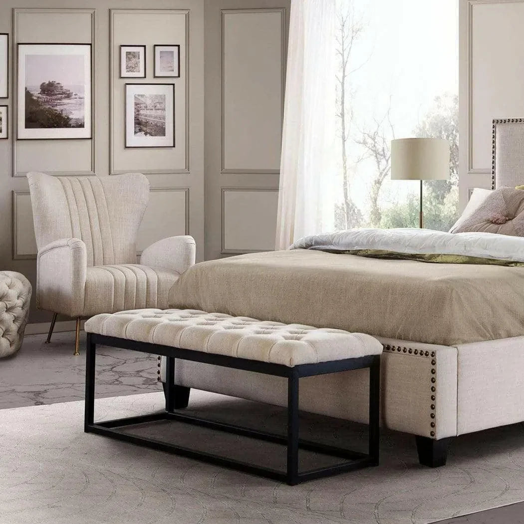 Metal Frame Small Linen Tufted Bedroom Bench in Desert Sand Bedroom Benches Sideboards and Things  By Diamond Sofa