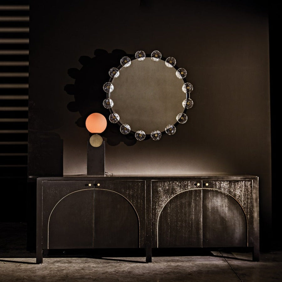 Moira Mirror with Glass Details, Black Metal Round Wall Mirror-Wall Mirrors-Noir-Sideboards and Things