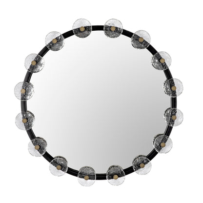 Moira Mirror with Glass Details, Black Metal Round Wall Mirror-Wall Mirrors-Noir-Sideboards and Things