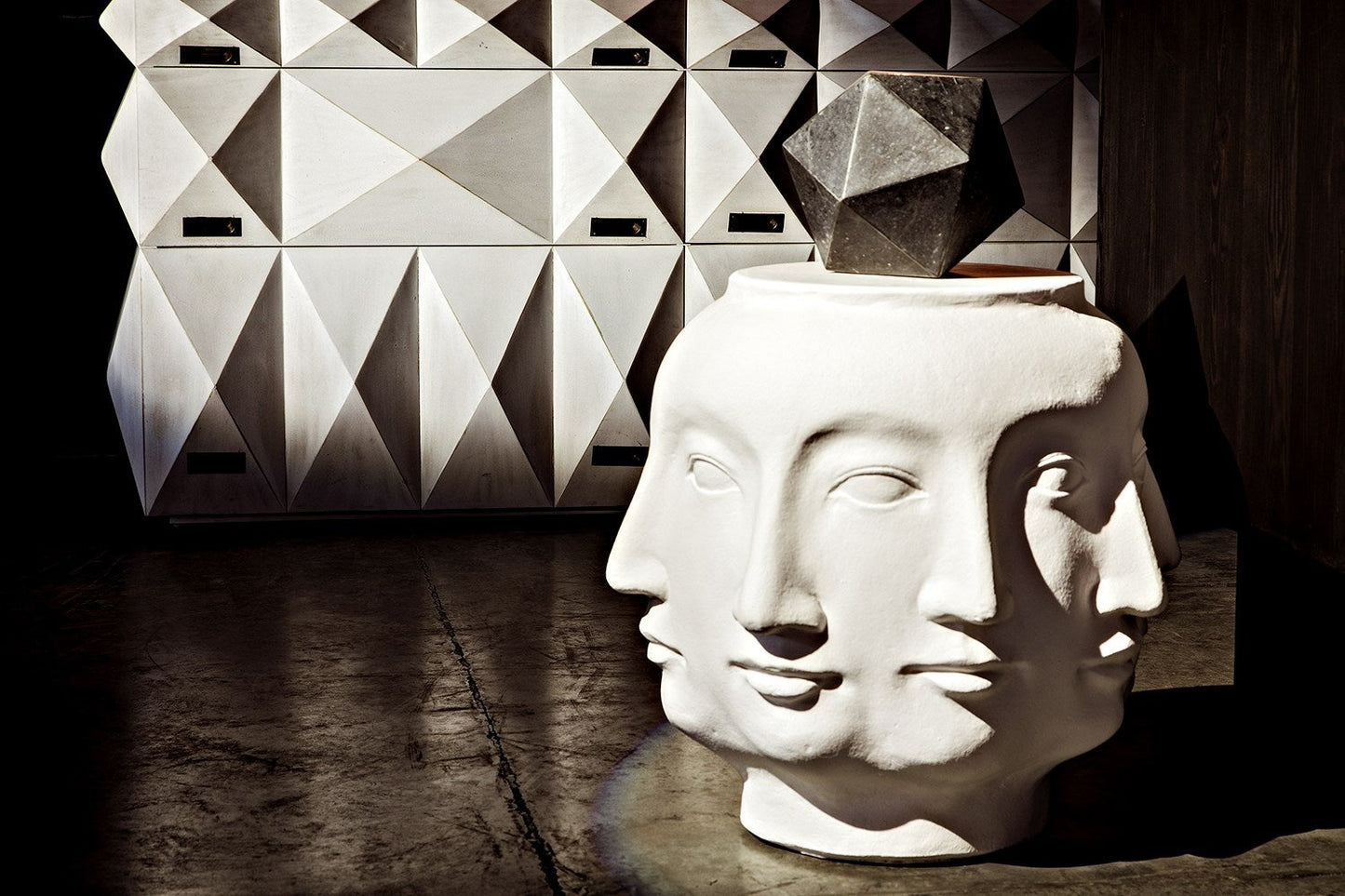 Multi-Face White Fiber Cement Stool-Poufs and Stools-Noir-Sideboards and Things