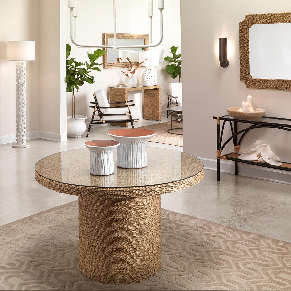 Natural Seagrass & Tempered Glass Harbor Round Bistro Table Dining Tables Sideboards and Things By Jamie Young