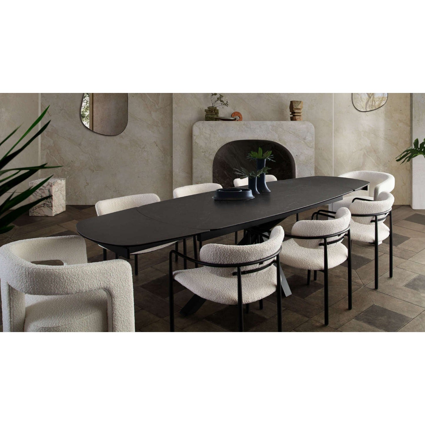 Onyx Rectangle Extension Dining Table with Black Ceramic Glass Top & Black Metal Leg