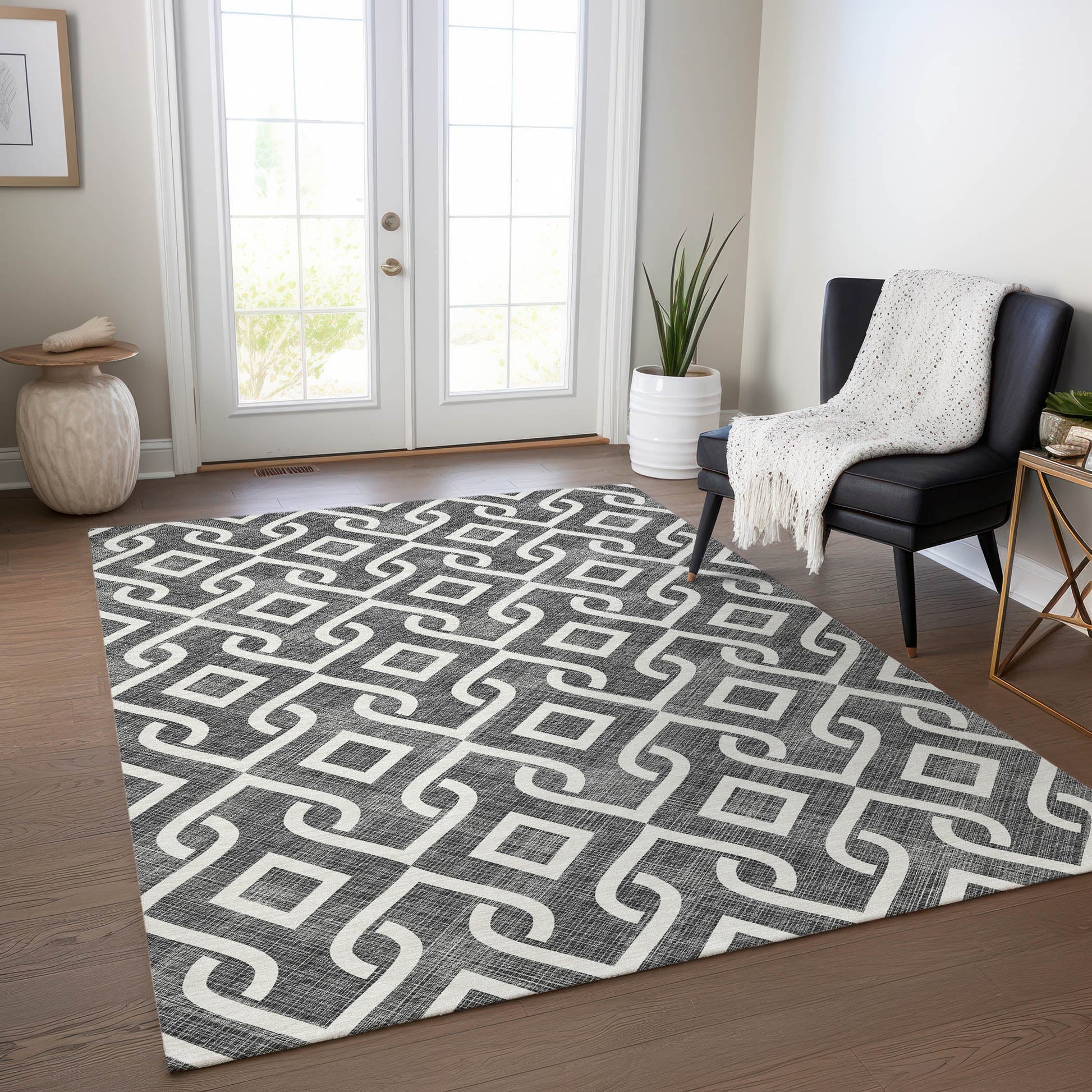 Addison Rugs Offset Stripes Black Washable Indoor-Outdoor Rug