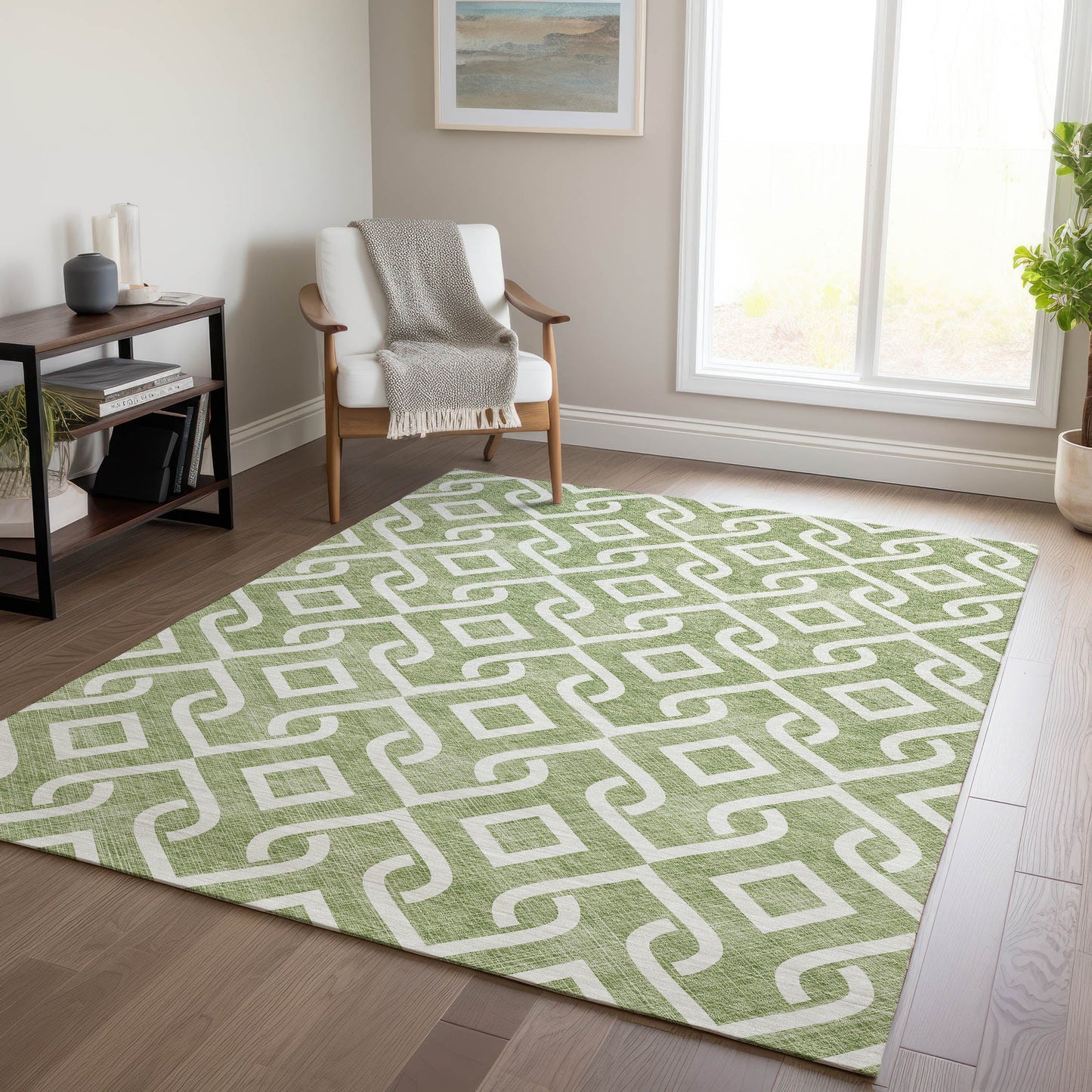 Offset Stripes Green Washable Indoor-Outdoor Rug