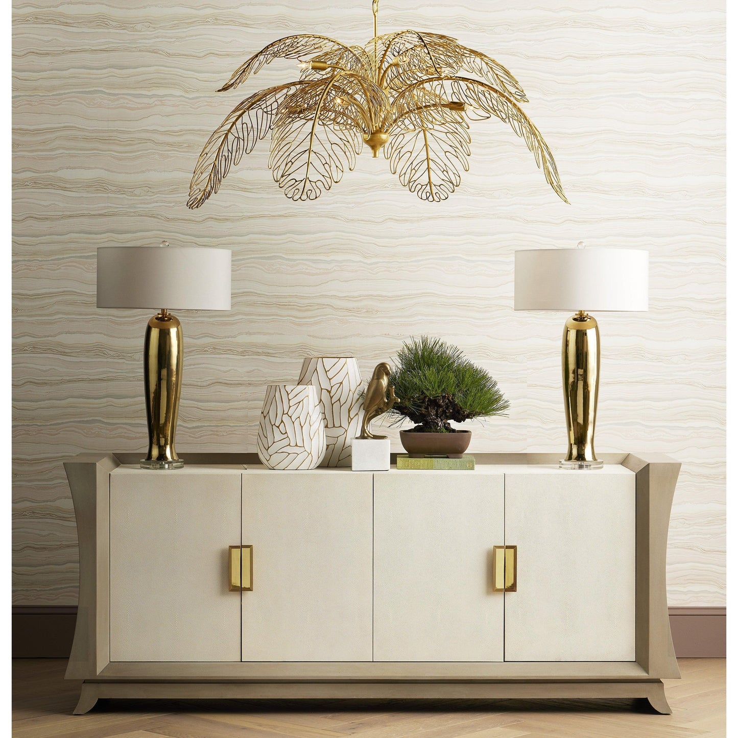 Oyster Gray Cream Shagreen Polished Brass Accents Koji Credenza Sideboards Sideboards and Things By Currey & Co