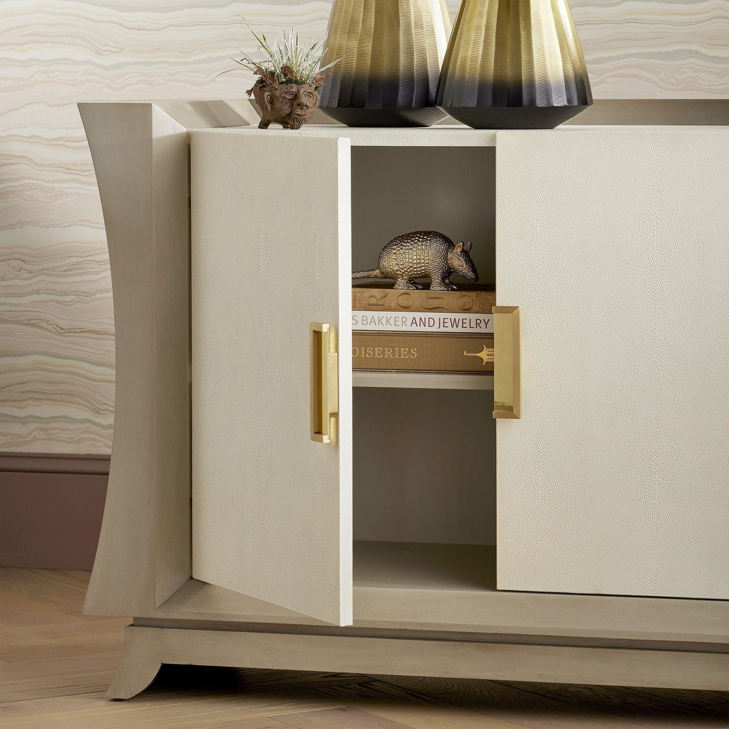 Oyster Gray Cream Shagreen Polished Brass Accents Koji Credenza Sideboards Sideboards and Things By Currey & Co