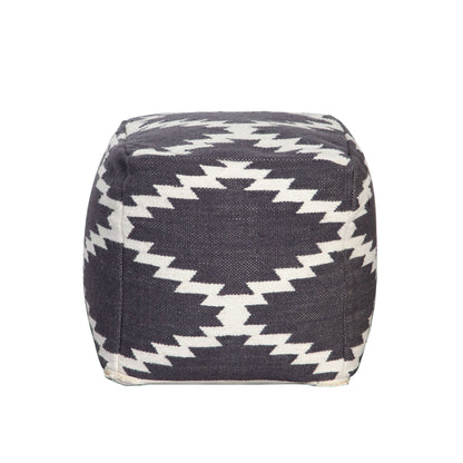 Square White and Grey Patterned Wool Pouf