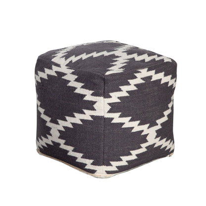 Square White and Grey Patterned Wool Pouf