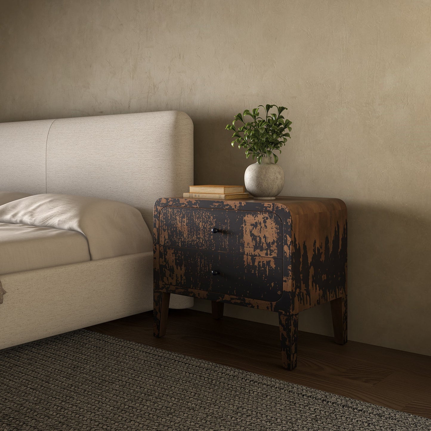 Iris Distressed Black Mango Wood Nightstand