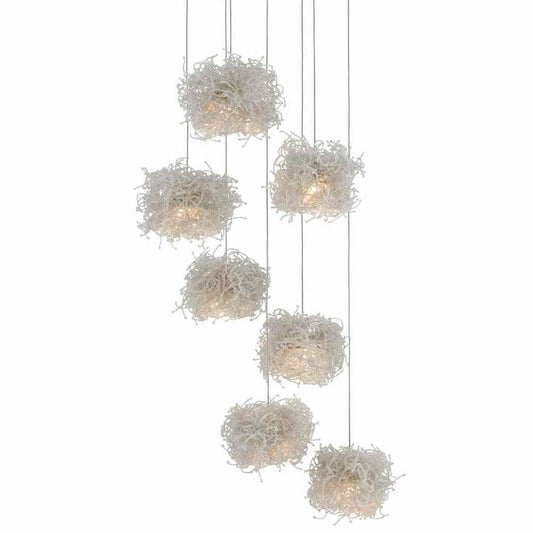 Painted Silver Clear Birds Nest 7-Light Multi-Drop Pendant Pendants Sideboards and Things By Currey & Co