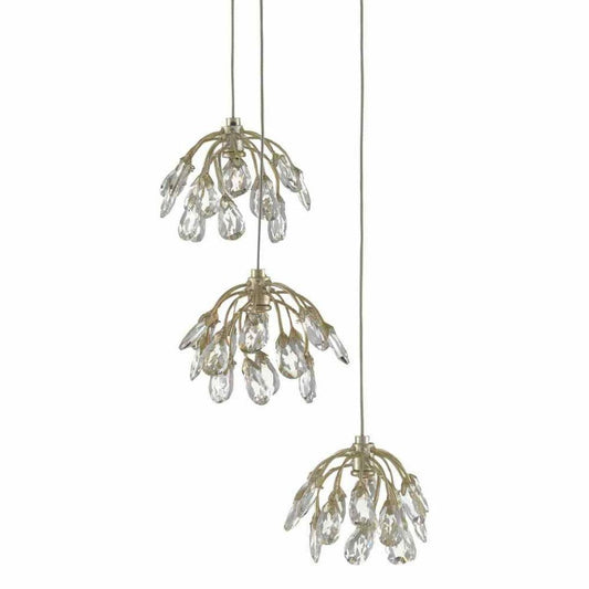 Painted Silver Leaf Crystal Bud 3-Light Multi-Drop Pendant Pendants Sideboards and Things By Currey & Co