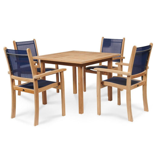 Pearl 5-Piece Square Teak Table Outdoor Dining Set with Stacking Armchairs-Outdoor Dining Sets-HiTeak-Blue-Sideboards and Things
