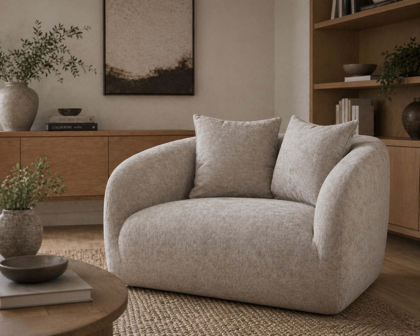 LOOMLAN Custom Upholstery Pebble Organic Curved Armrest Fabric Accent Chair